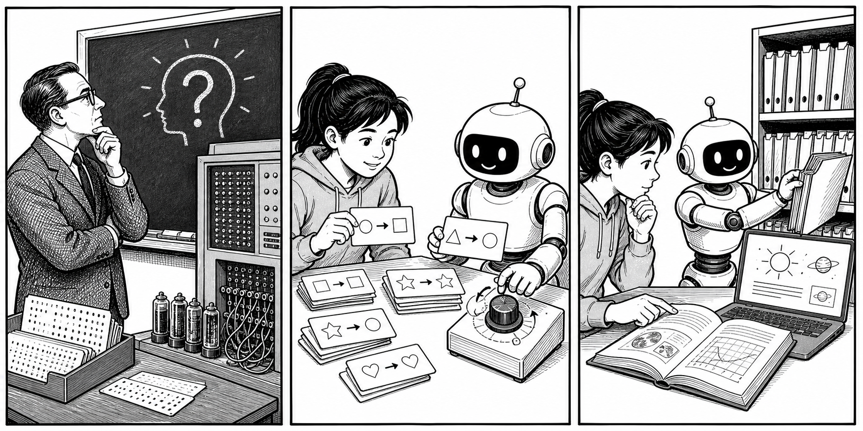 Three-panel comic showing AI history, fine-tuning with examples, and retrieving documents to answer a question